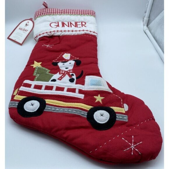 Pottery Barn Kids Gunner Scotty Dog Firetruck Christmas Holiday Stocking Quilted - Picture 9 of 11